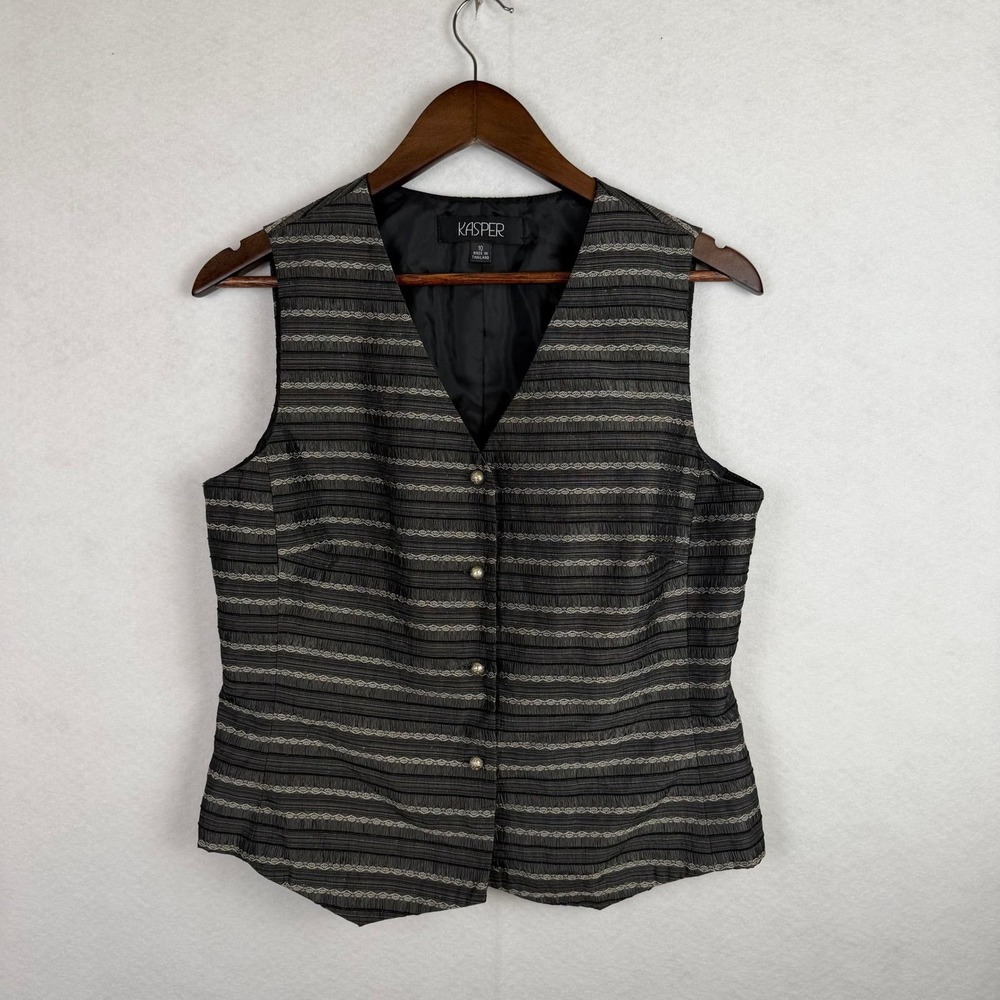 Kasper Vest Womens 10 Black Textured Embroidered Button Lined Career Office Vest